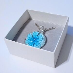 Handmade Blue Glass Flower Necklace With Stainless Steel Chain